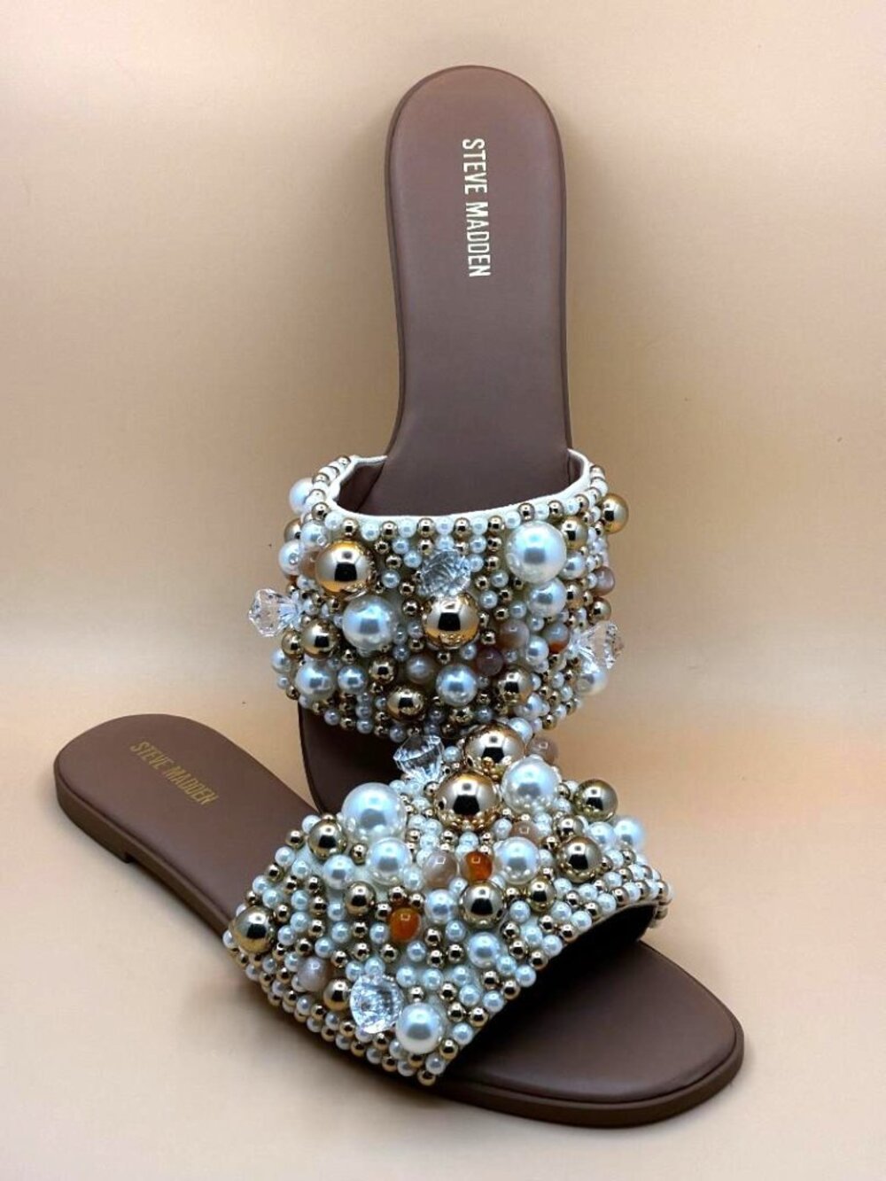 Woman's Sandals Steve Madden Klio Embellished Gold Pearl Slides Size 8.5 *EUC*